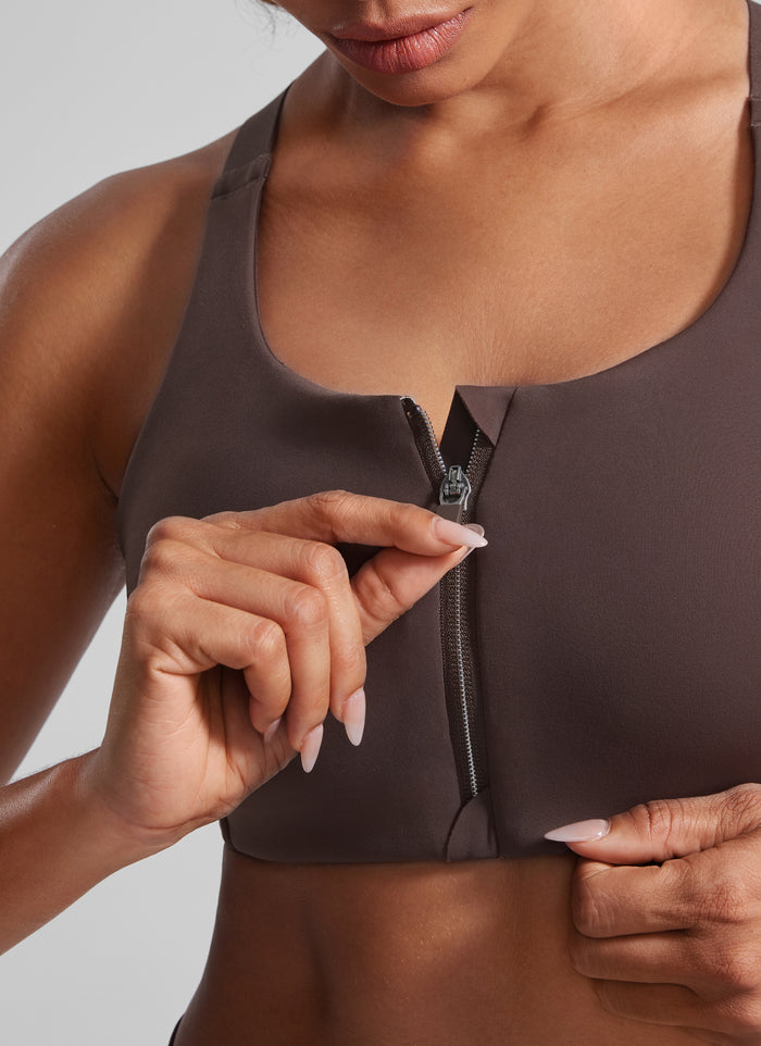 CRZ YOGA Womens Zip Front High Impact Sport Bra with Adjustable Straps Hot Fudge Brown