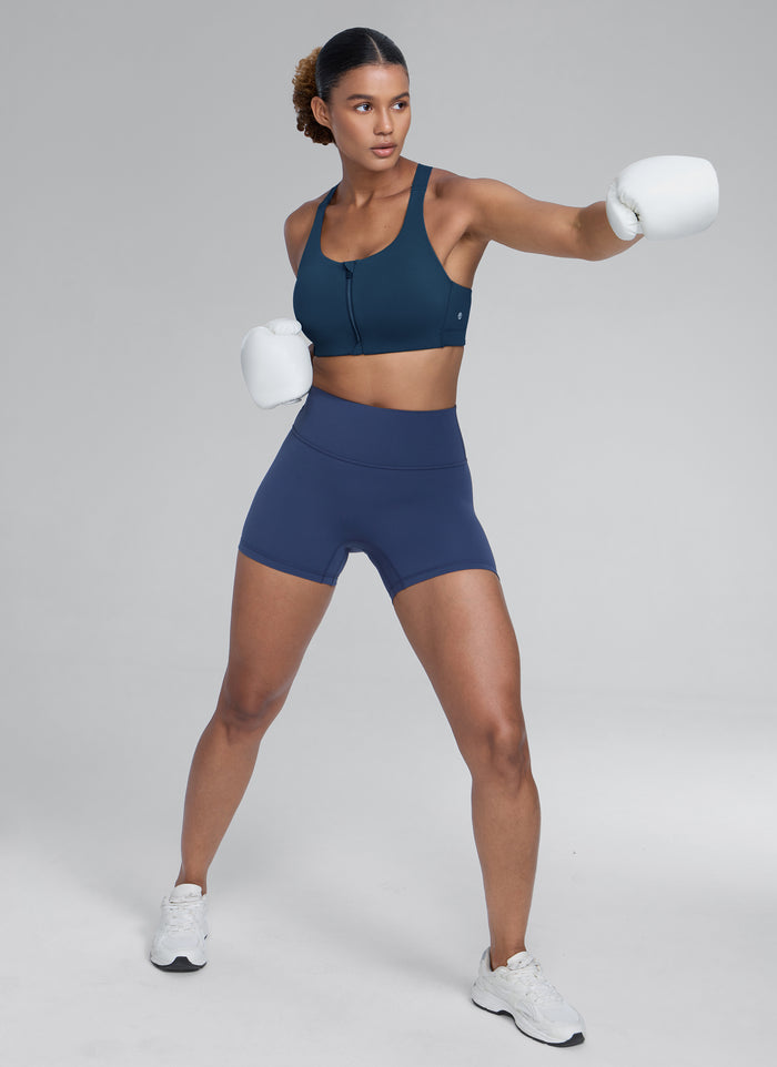 CRZ YOGA Womens Zip Front High Impact Sport Bra with Adjustable Straps French Navy