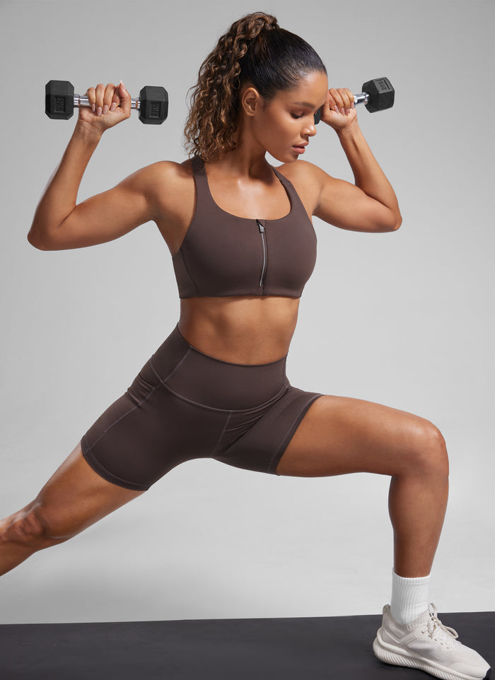 CRZ YOGA Womens Zip Front High Impact Sport Bra with Adjustable Straps Hot Fudge Brown