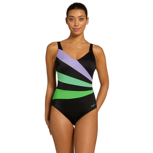 Zoggs Bedarra Wrap Panel Classicback Swimsuit - Black/Lilac/Green