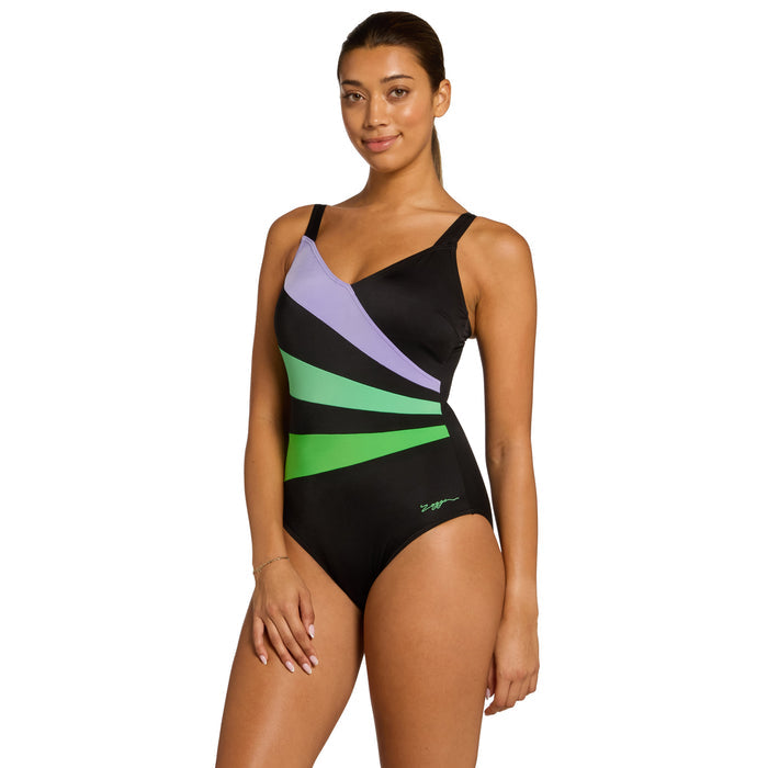 Zoggs Bedarra Wrap Panel Classicback Swimsuit - Black/Lilac/Green