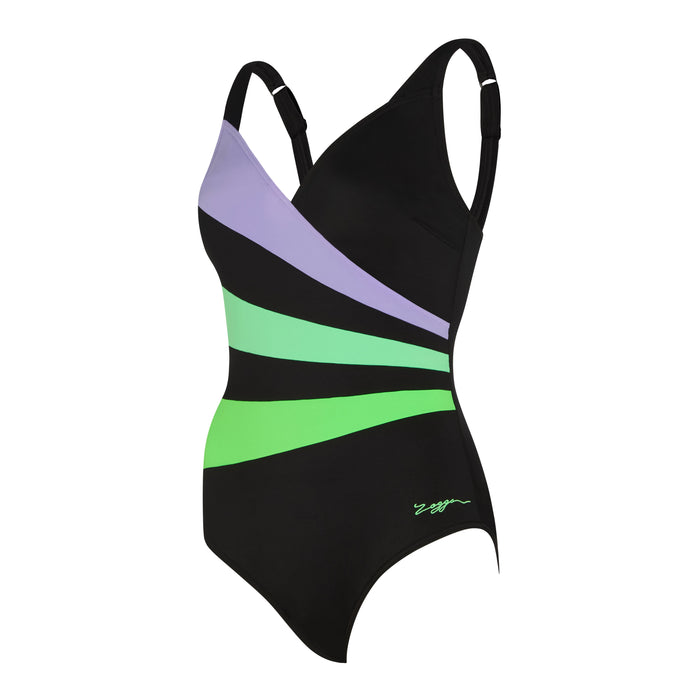 Zoggs Bedarra Wrap Panel Classicback Swimsuit - Black/Lilac/Green