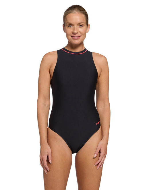 Zoggs Cable Zipped Hi-Neck Swimsuit - Black/Coral