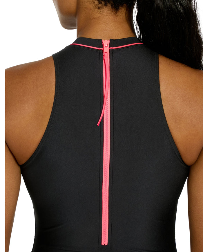 Zoggs Cable Zipped Hi-Neck Swimsuit - Black/Coral