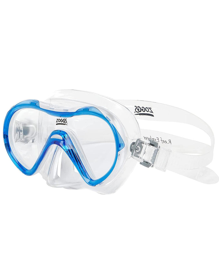 Clear blue Zoggs Combo Reef Explorer Junior snorkel mask with adjustable strap