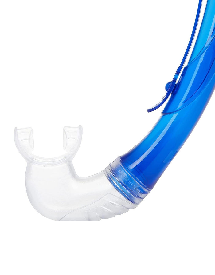 Blue and white Zoggs Combo Reef Explorer Junior snorkel with clear mouthpiece