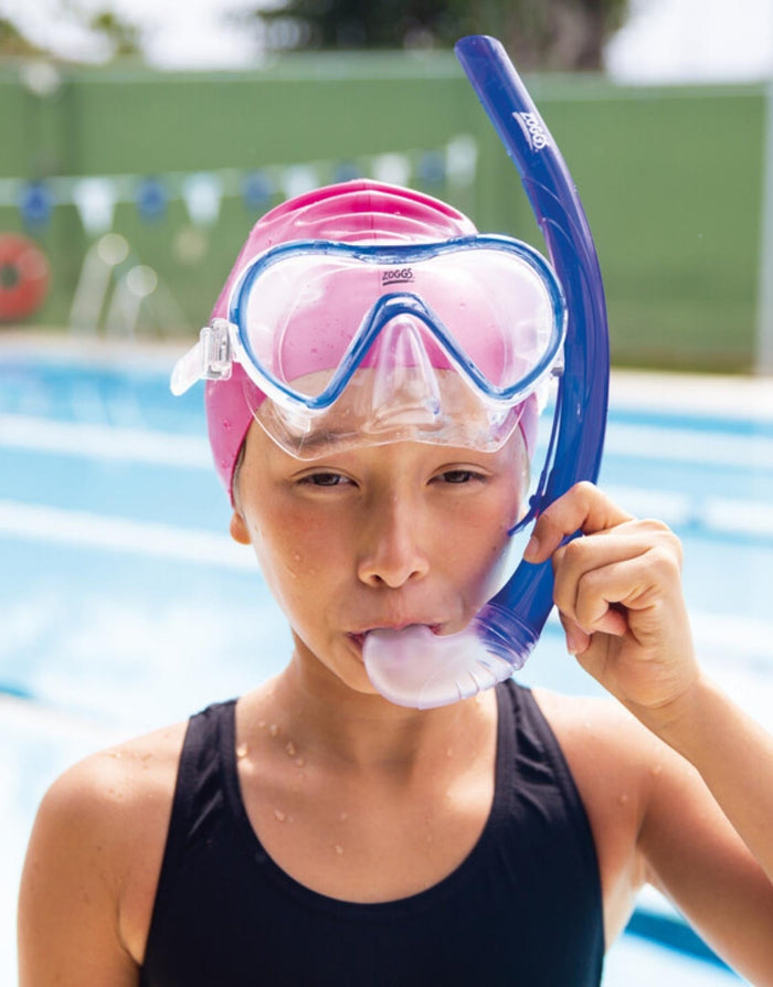 Zoggs Combo Reef Explorer Junior blue snorkel with pink strap and clear lens