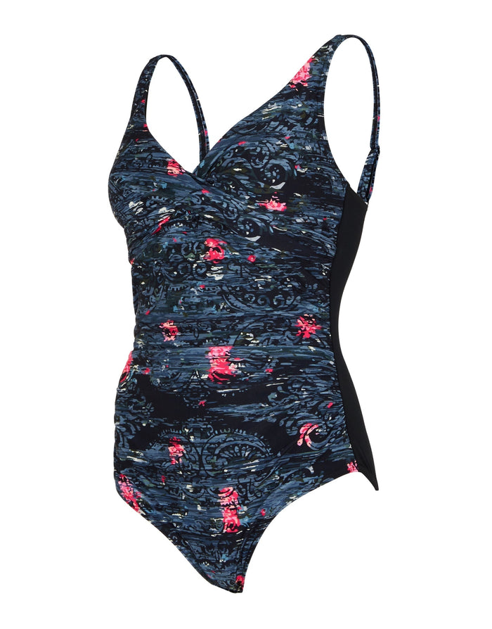 Zoggs Dusk Mystery Classicback swimsuit in navy blue pink floral texture