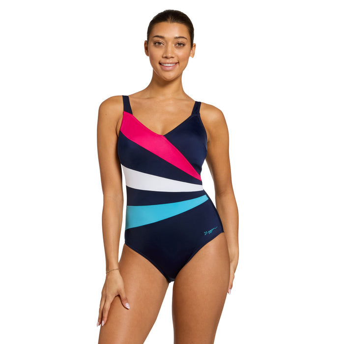 Zoggs Flashdrive Wrap Panel Classicback Swimsuit - Navy/Pink/Cyan