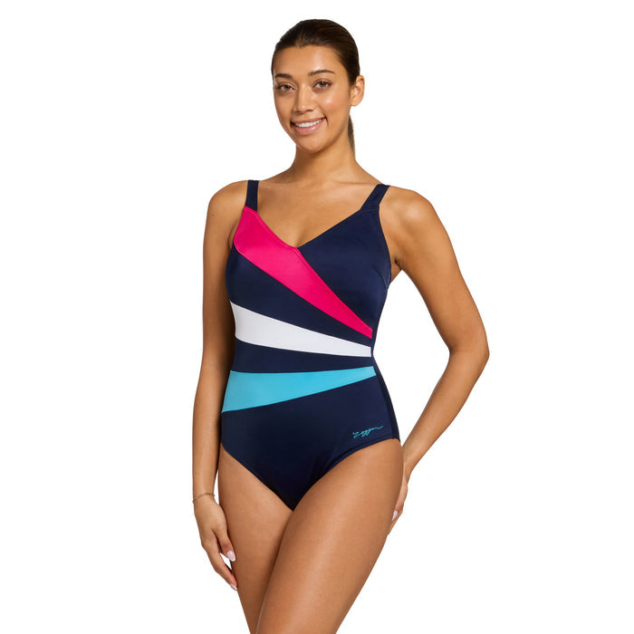 Zoggs Flashdrive Wrap Panel Classicback Swimsuit - Navy/Pink/Cyan