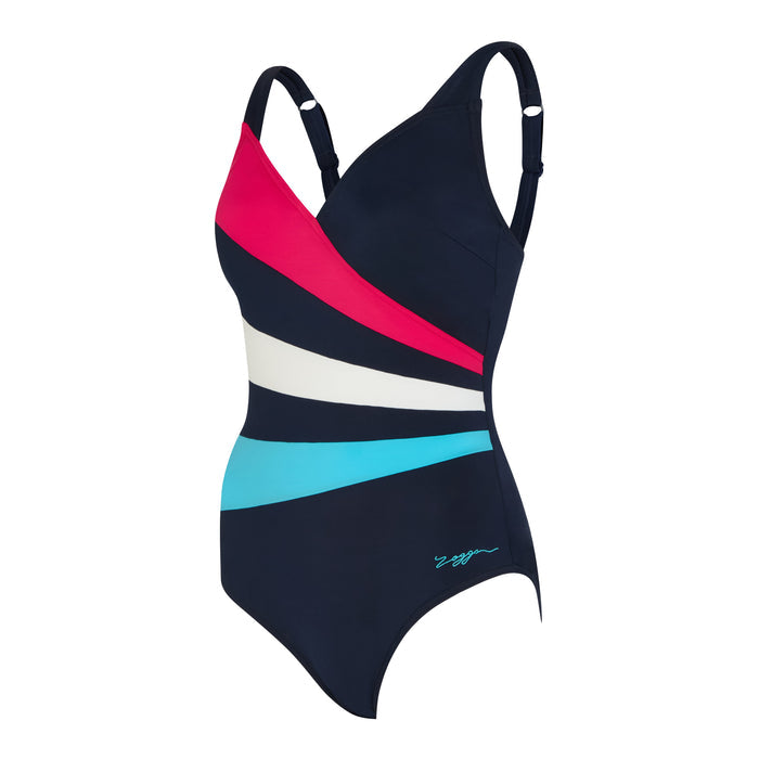 Zoggs Flashdrive Wrap Panel Classicback Swimsuit - Navy/Pink/Cyan