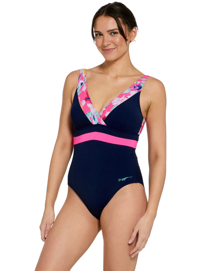 Zoggs Paradiso Squareback Swimsuit - Navy/Pink