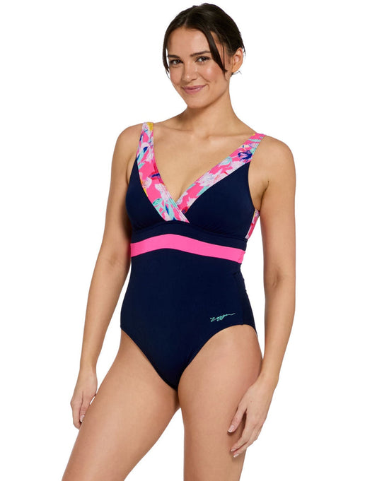 Zoggs Paradiso Squareback Swimsuit - Navy/Pink