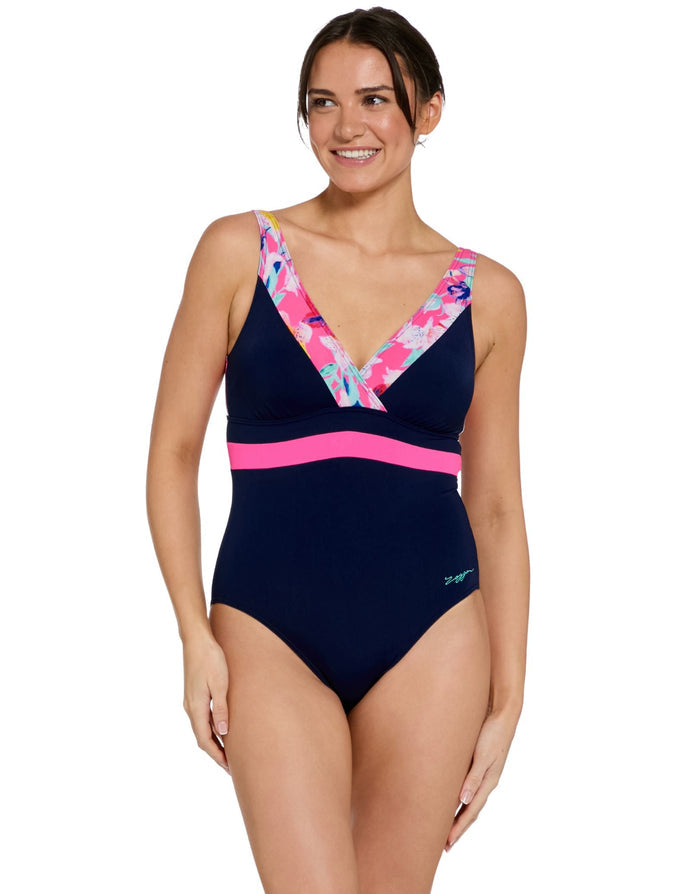 Zoggs Paradiso Squareback Swimsuit - Navy/Pink