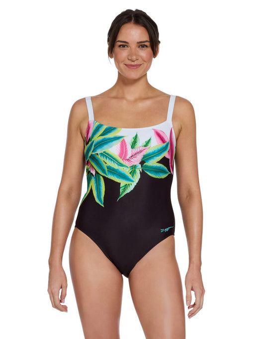 Zoggs Plantopia Adjustable Classicback Swimsuit - Black/Multi - Womens Swimwear