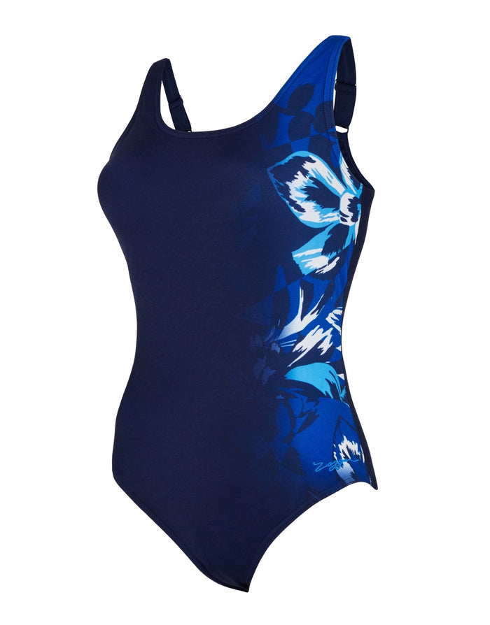 Zoggs Sapphire adjustable scoopback swimsuit in navy blue with dolphin print