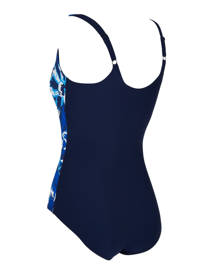 Zoggs Sapphire Adjustable Scoopback Swimsuit in navy blue with floral accents