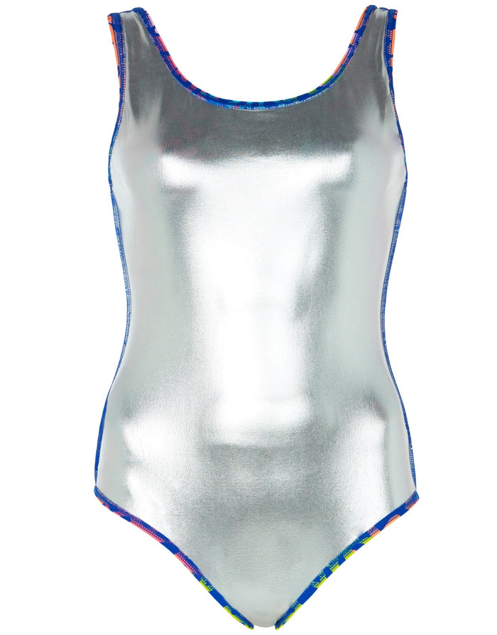 Zoggs Sea Change Thermal Ecofeel silver swimsuit with floral trim