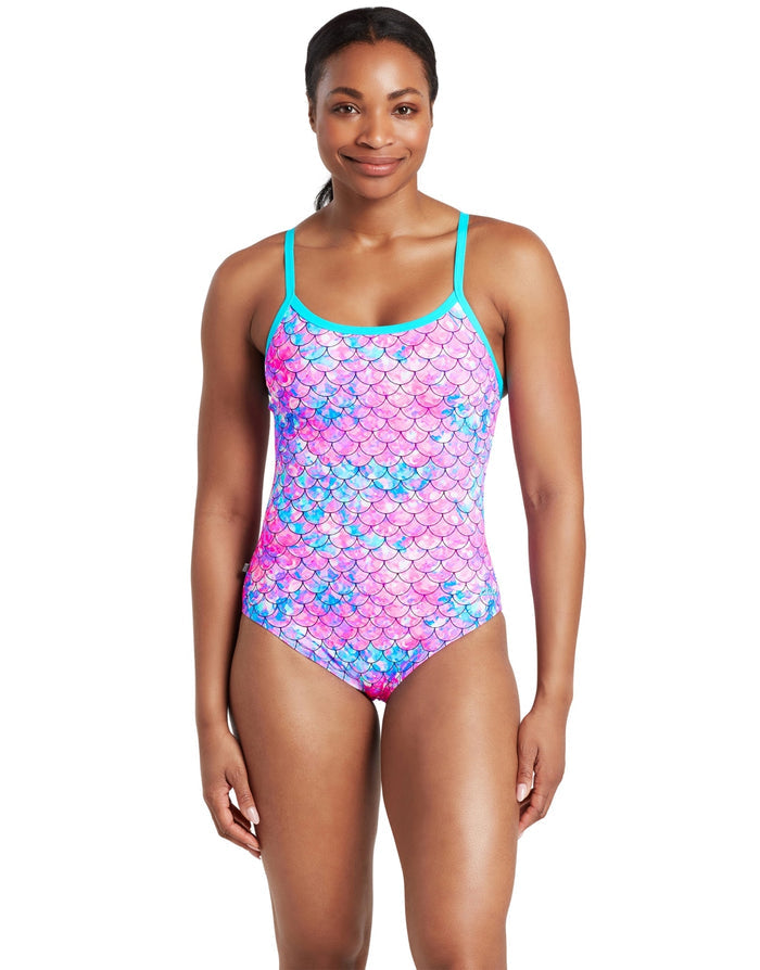 Zoggs Sirene Sparkle Thermal Ecofeel mermaid scale swimsuit in aqua pink