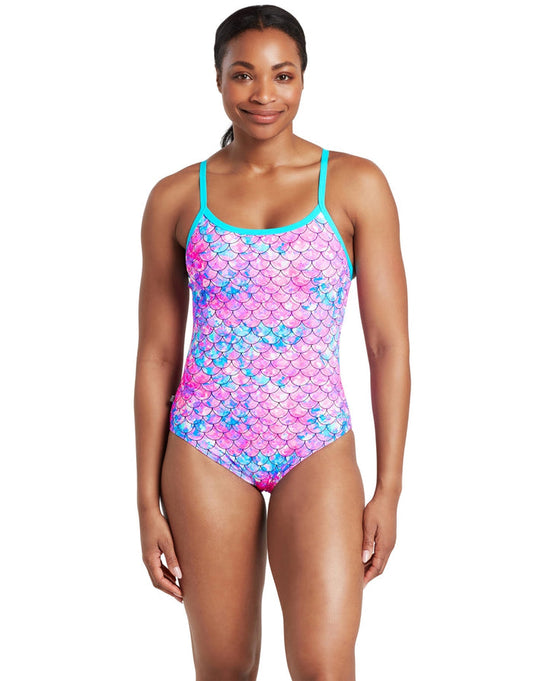 Zoggs Sirene Sparkle Thermal Ecofeel mermaid scale swimsuit in aqua pink