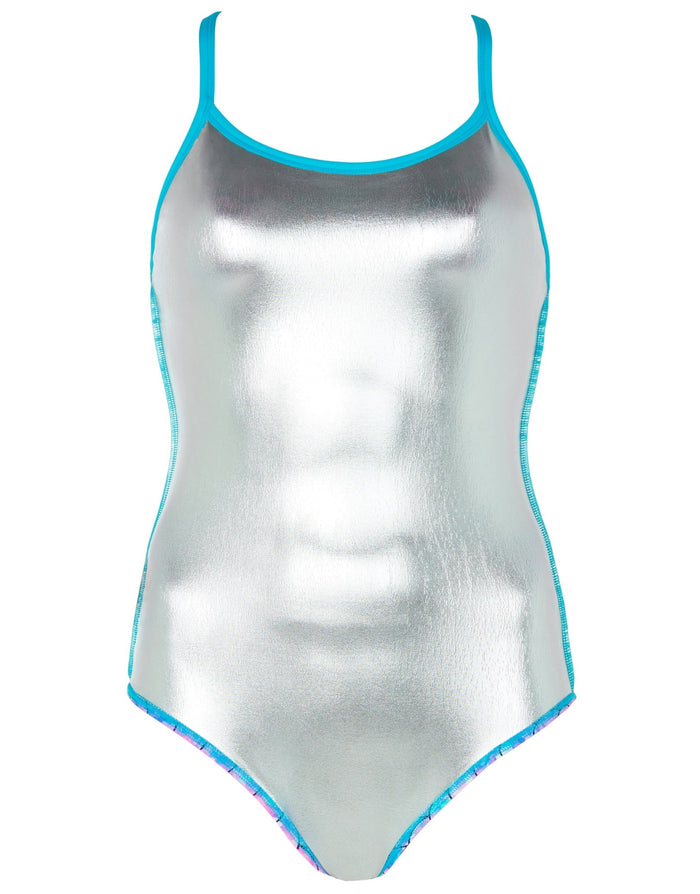 Silver Zoggs Sirene Sparkle Thermal Ecofeel swimsuit in aqua pink