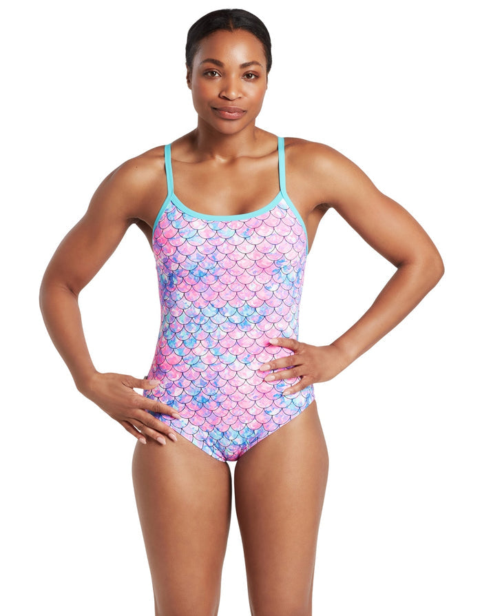 Zoggs Sirene Sparkle thermal ecofeel mermaid scale swimsuit in aqua pink