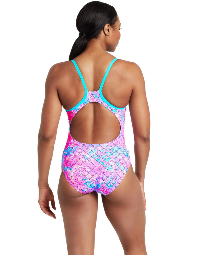 Zoggs Sirene Sparkle thermal ecofeel mermaid scale swimsuit in aqua pink