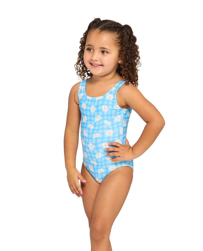 Zoggs Tots Girls Daisy Check Scoopback Swimsuit - Blue