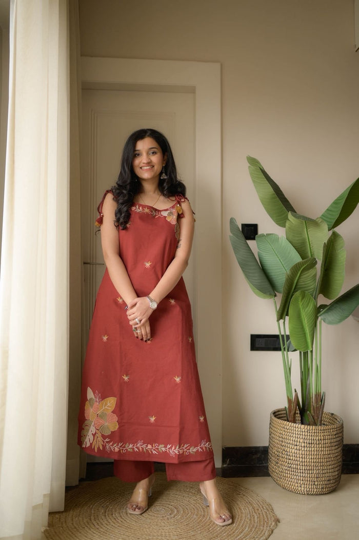 Zuhra Embroidered Pant Set- Brick