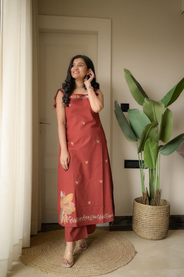 Zuhra Embroidered Pant Set- Brick