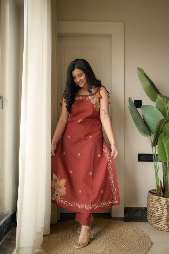 Zuhra Embroidered Pant Set- Brick
