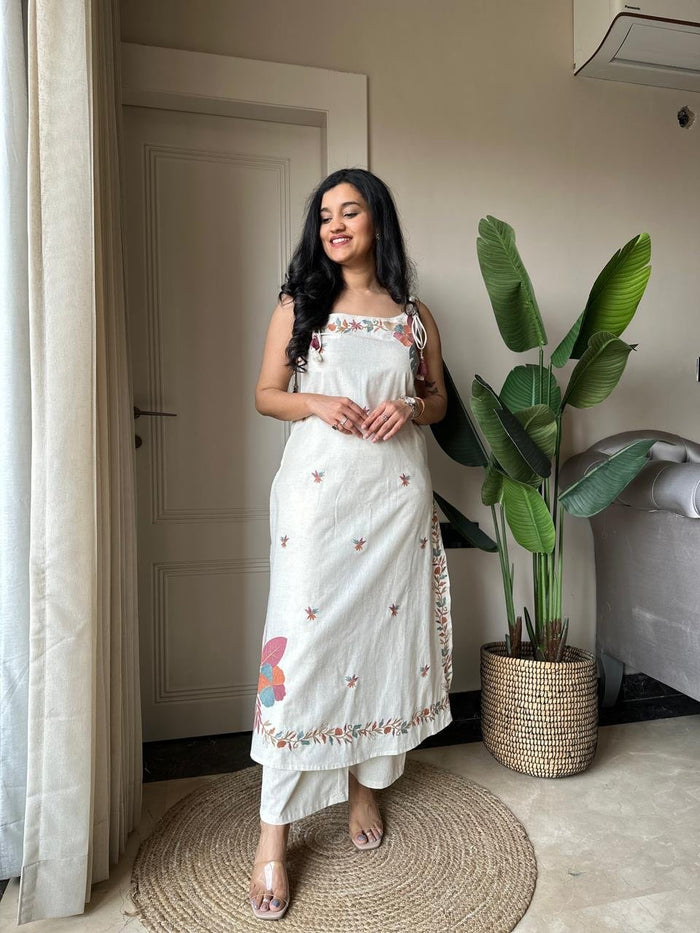 Zuhra Embroidered Pant Set- Off White